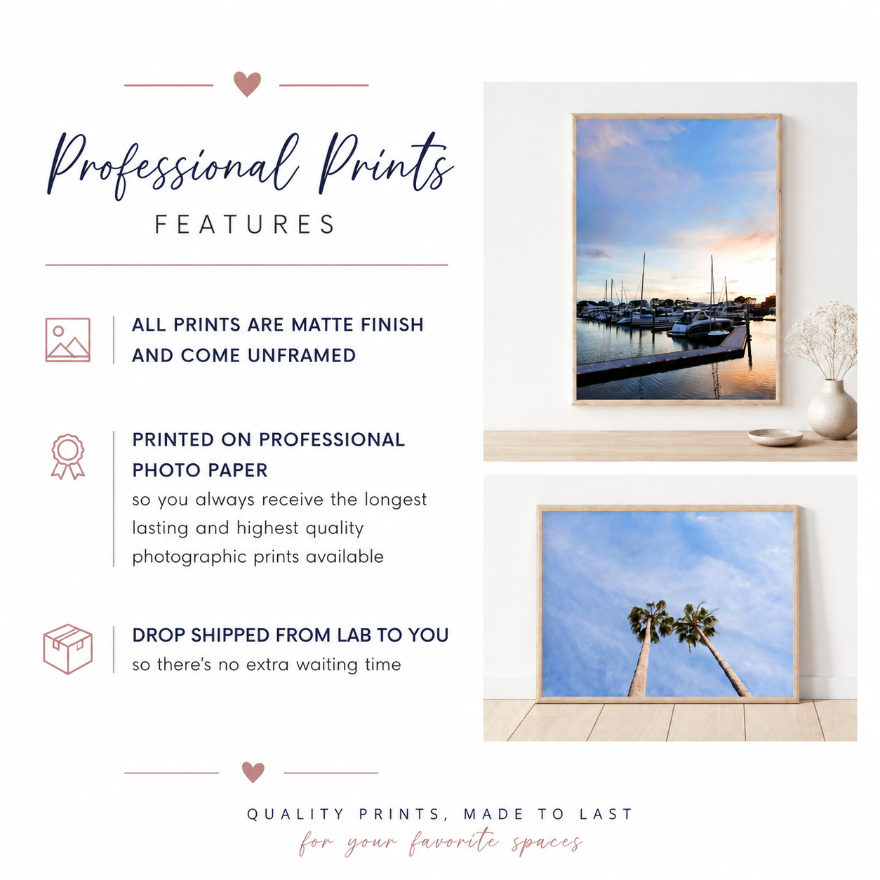 Promotional graphic for professional photo prints showing two framed wall art examples on a light background with feature callouts: all prints are matte finish and unframed, printed on professional photo paper, and drop shipped from a lab to the customer.