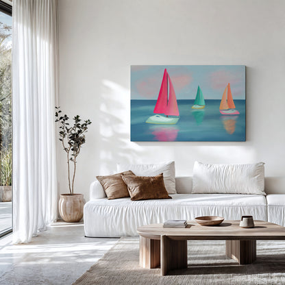 A canvas wall art print depicting three colorful sailboats on a blue sea under a pink sky, displayed in a bright, modern living room above a white sofa.