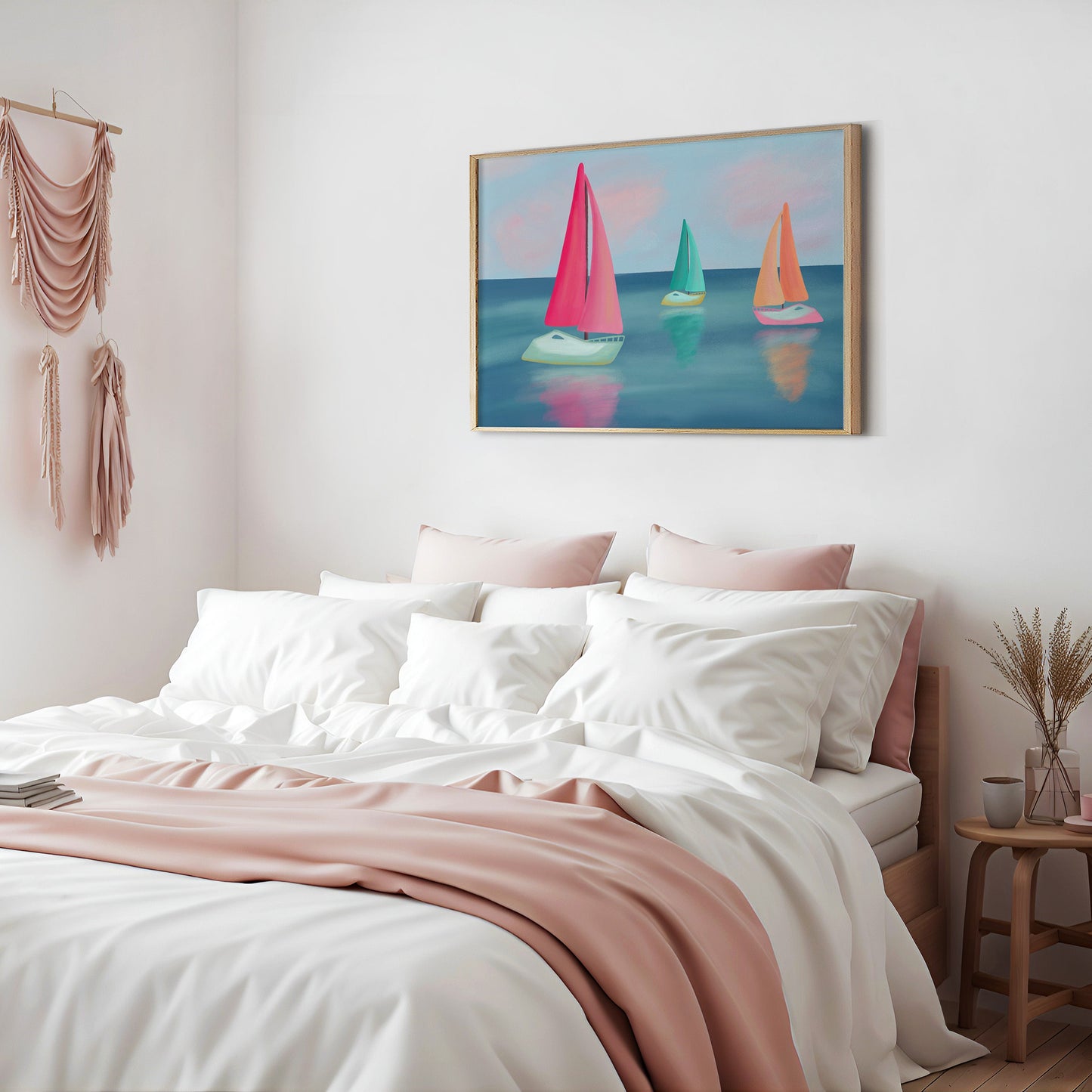 A framed art print of three colorful sailboats on blue water, hung on a white wall above a neatly made bed with white and dusty pink bedding in a softly styled bedroom.